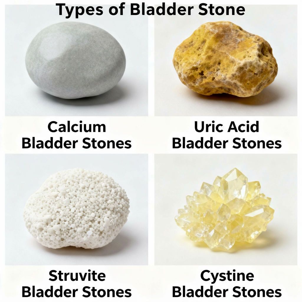 types of bladder stones: Calcium, Uric Acid, Struvite, and Cystine